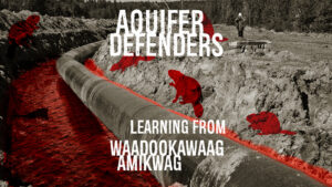 Event promo graphic with B&W photo of a pipeline, red illustrated beavers, and red river.