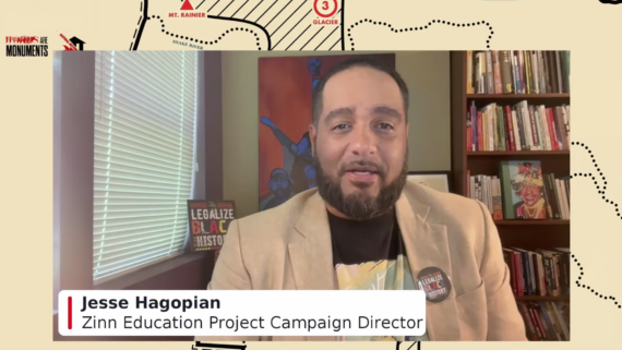 Roundtable speakers in conversation on Zoom: Rebecca Nagle, Jesse Hagopian (featured in image), Derek Alderman, Beka Economopoulos, and moderator Steve Lyons
